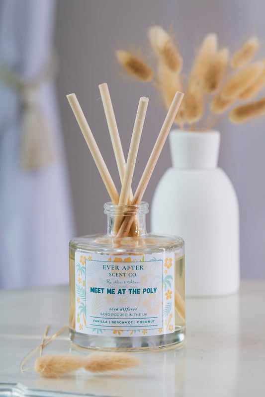 Ever after scent co Meet Me At The Poly Reed diffuser with decorative sticks and a label on a neutral background