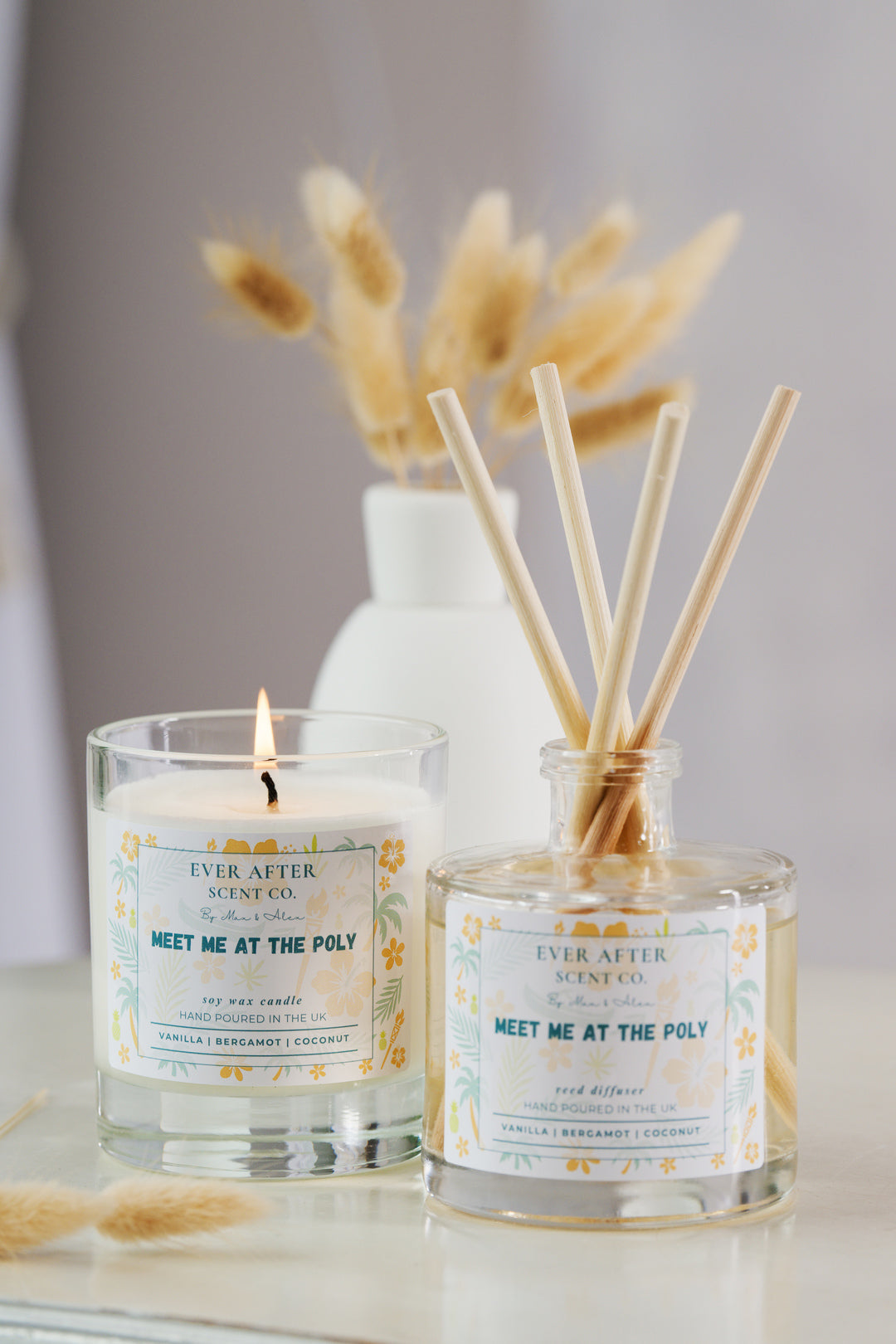 Polynesian Village Resort Disney Candle and diffuser scent set with 'Ever After Scent Co.' labels on a neutral