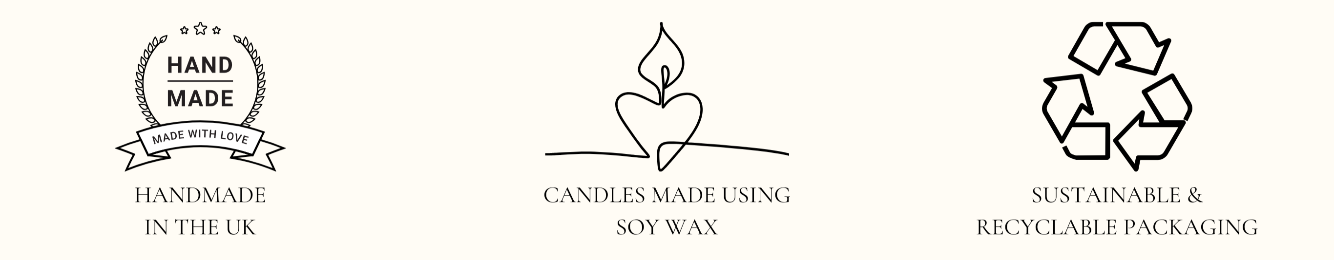 Set of icons indicating 'Handmade in the UK', 'Candles made using soy wax', and 'Sustainable & Recyclable Packaging' on a white background.