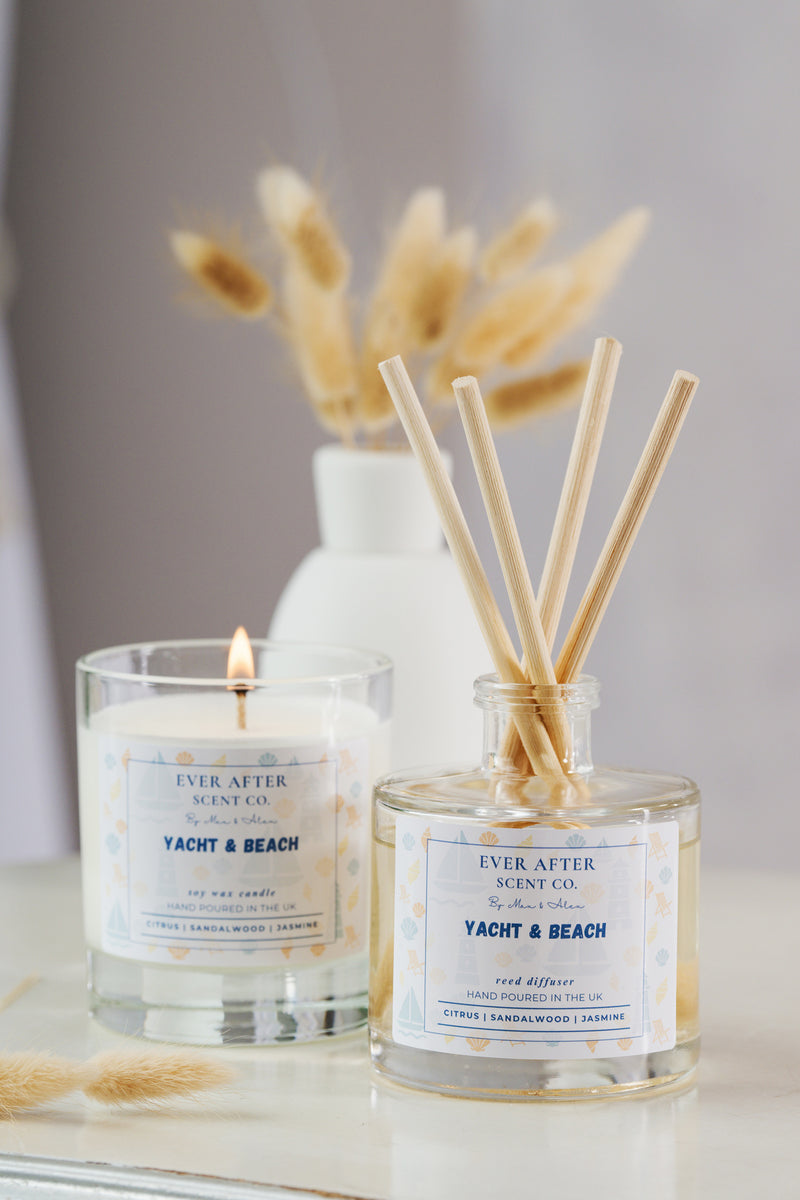 Yacht & Beach Resort Disney Candle and diffuser scent set with 'Ever After Scent Co.' labels on a neutral background